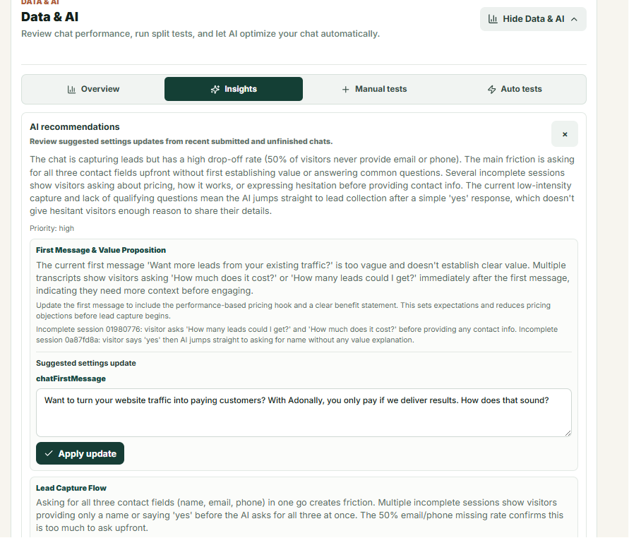 Adonally Chat AI recommendations and insights