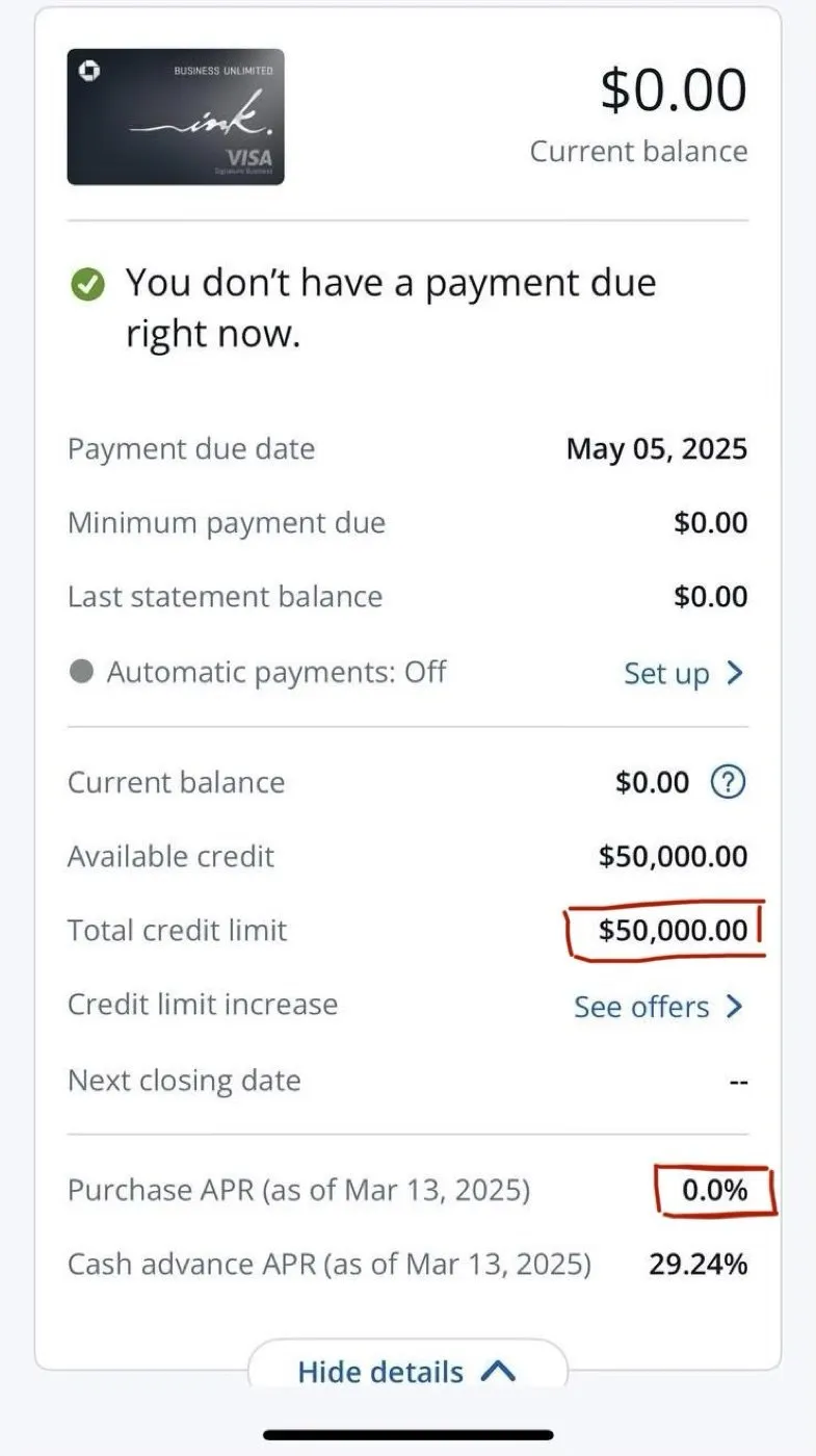 Chase Ink: $50,000 limit, 0% interest