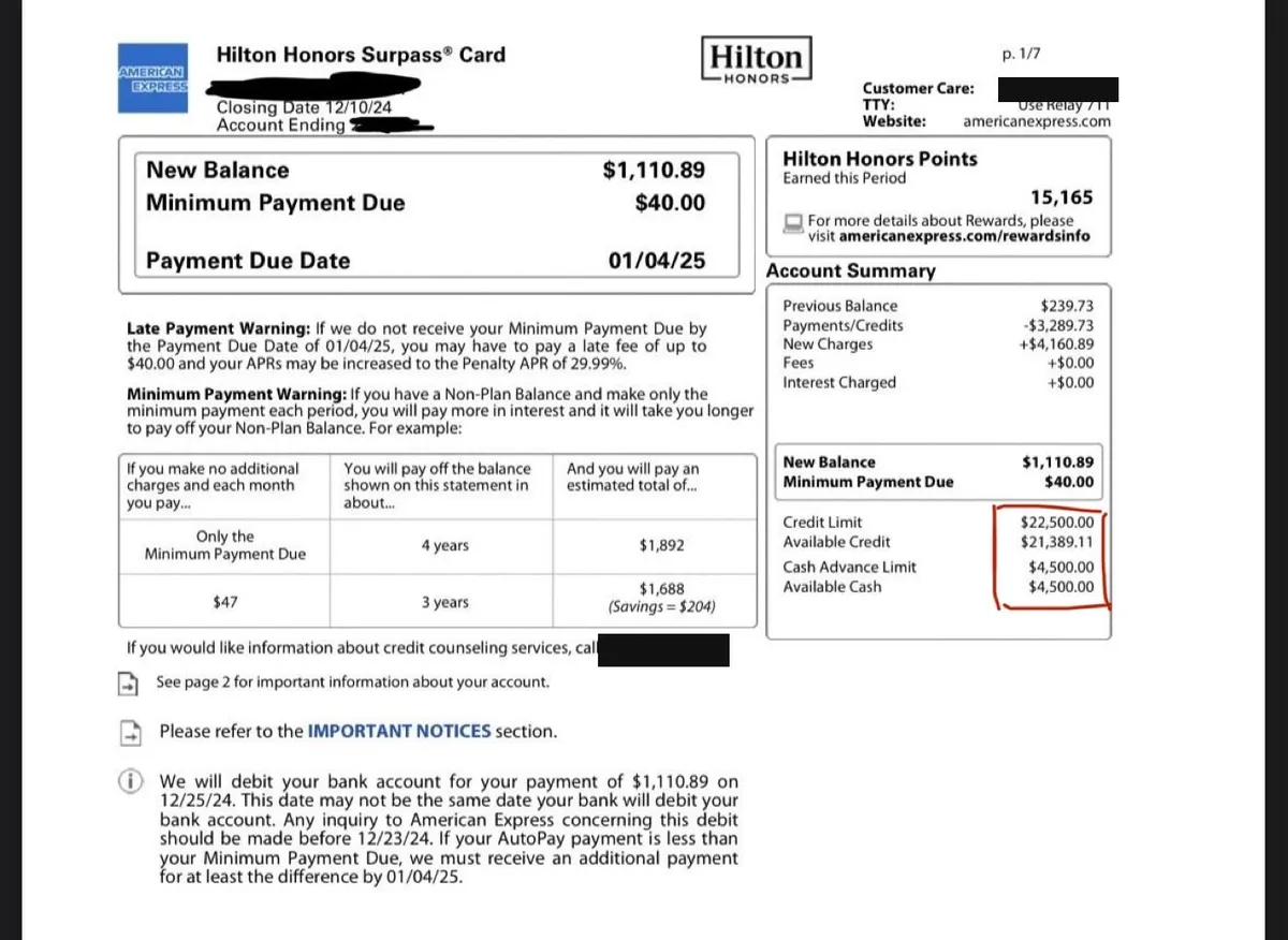 Amex Hilton Surpass: $22,500 limit, 15,165 points