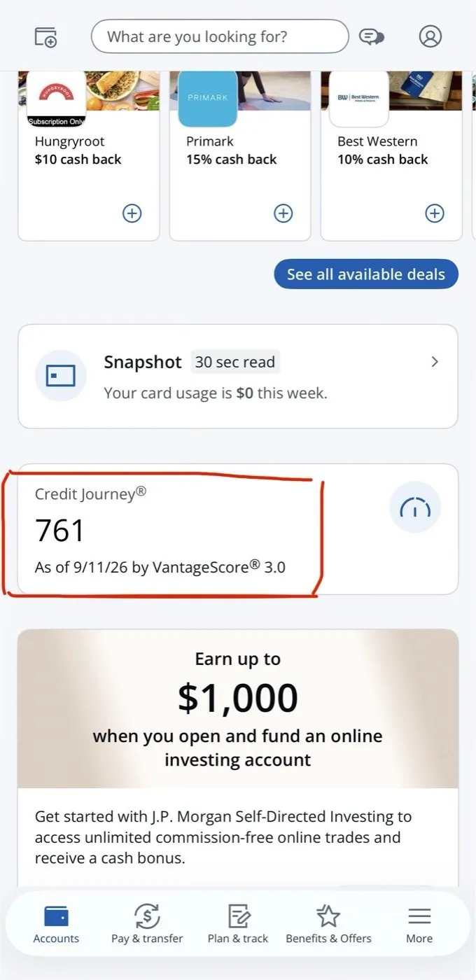 Credit score 761 in Chase Credit Journey