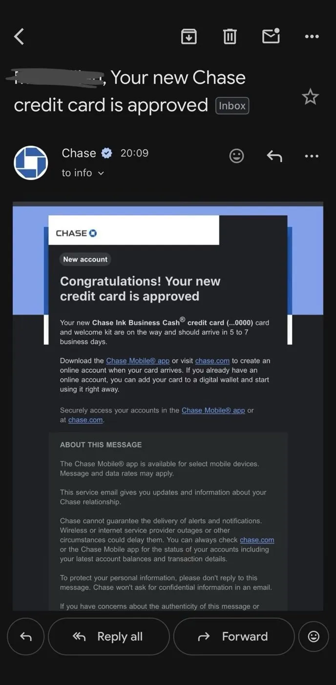 Chase: new credit card approved