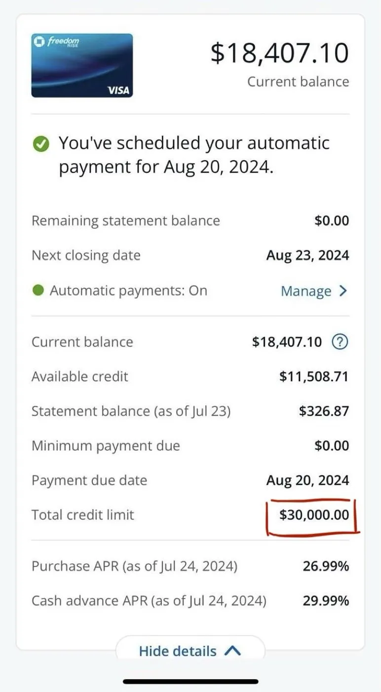 Chase Freedom Rise: $30,000 limit