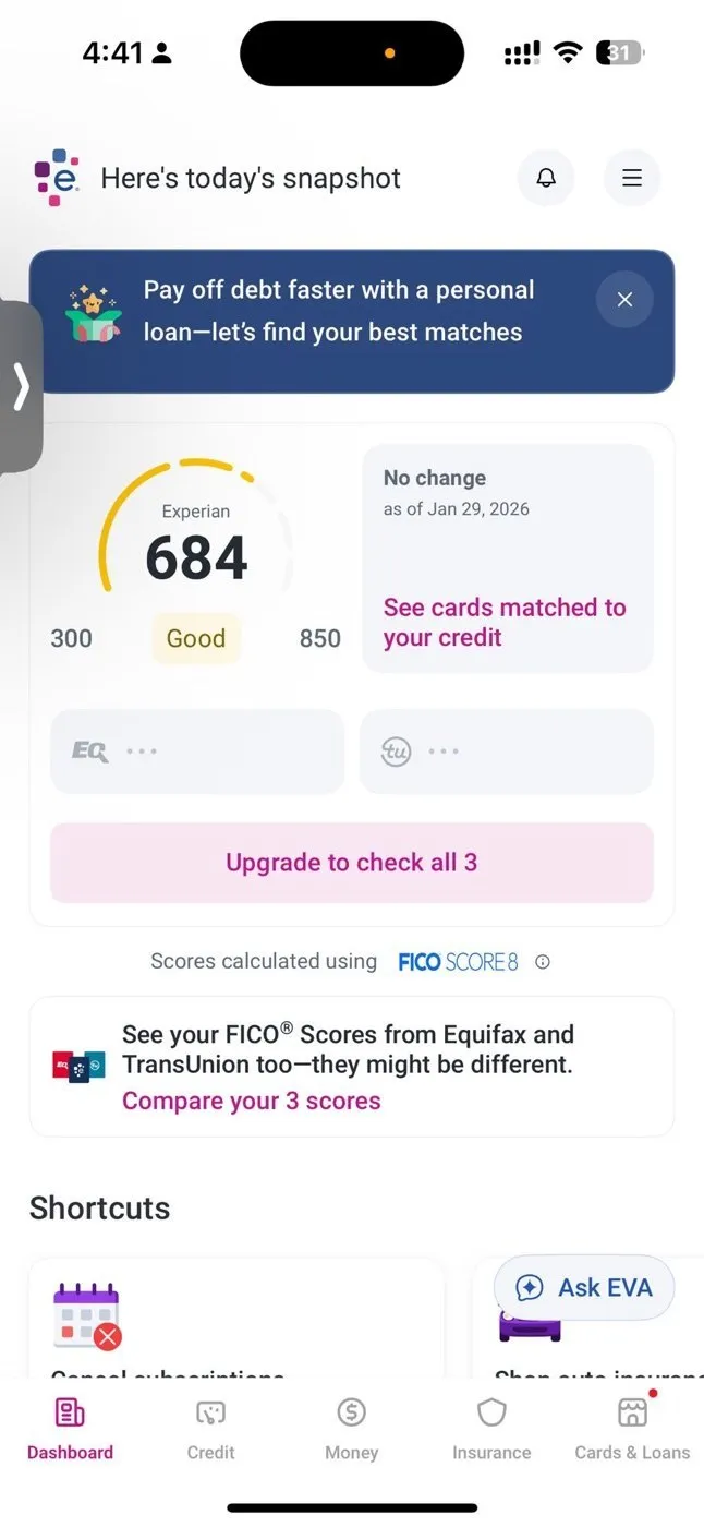 Credit score 684 with Experian