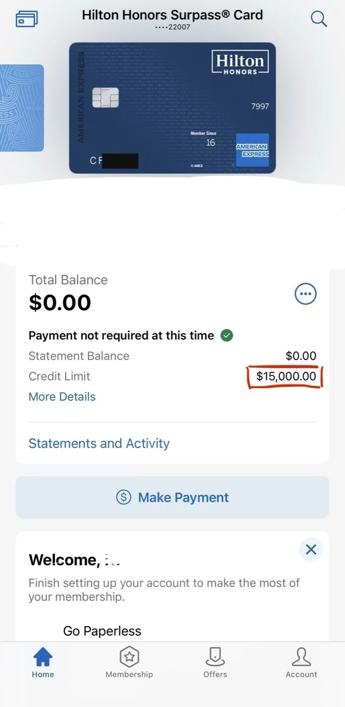 Amex Hilton Surpass: $15,000 limit