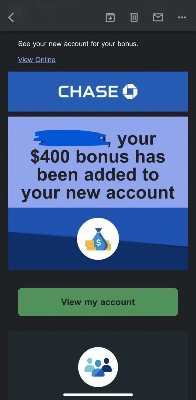 $400 bonus credited by Chase