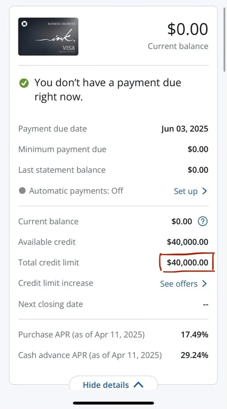 Chase Ink: $40,000 limit