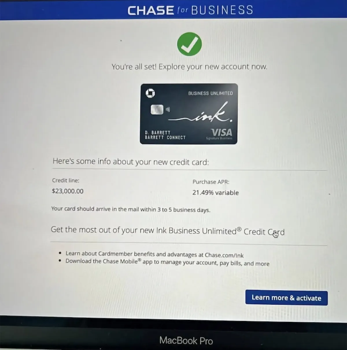 Chase business account opened