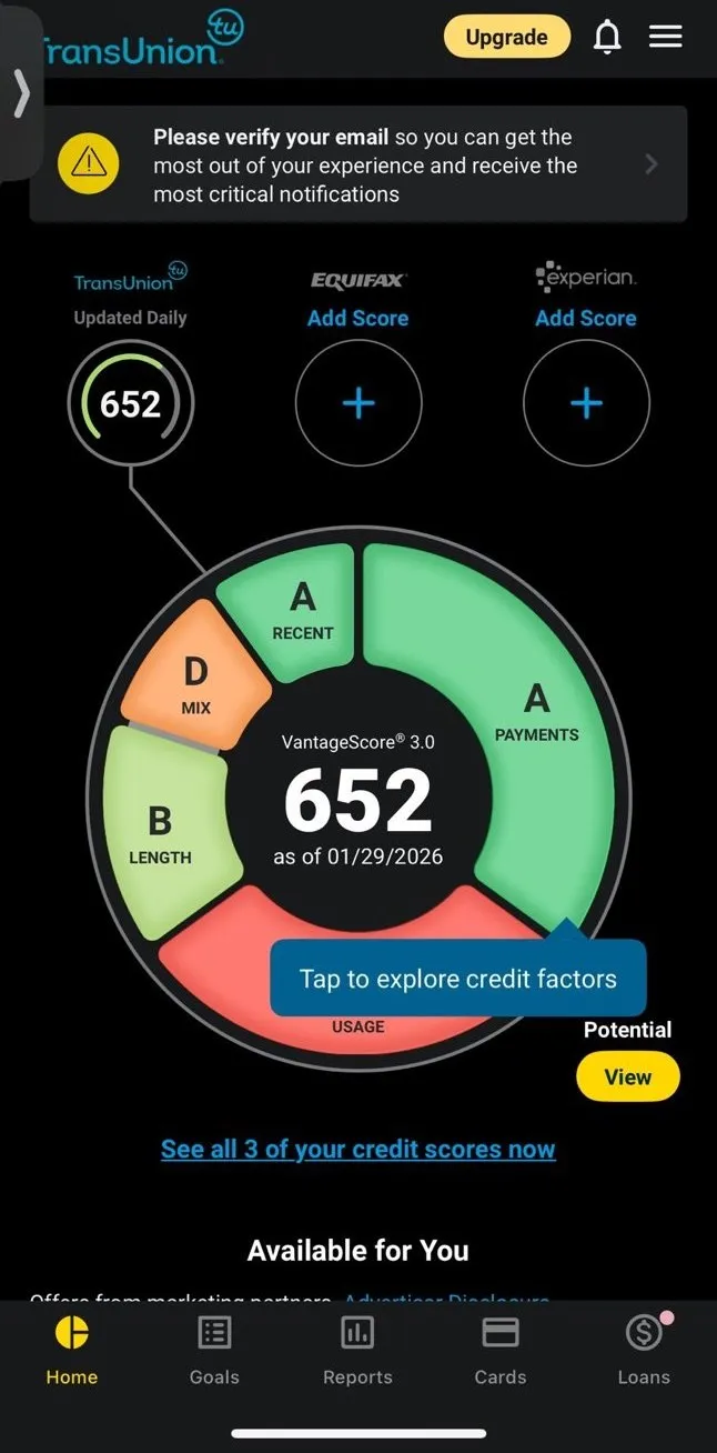 Credit score 652 with TransUnion