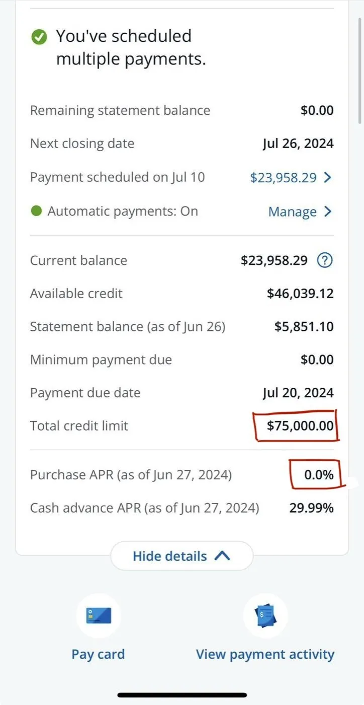 $75,000 total limit with Chase, 0% APR