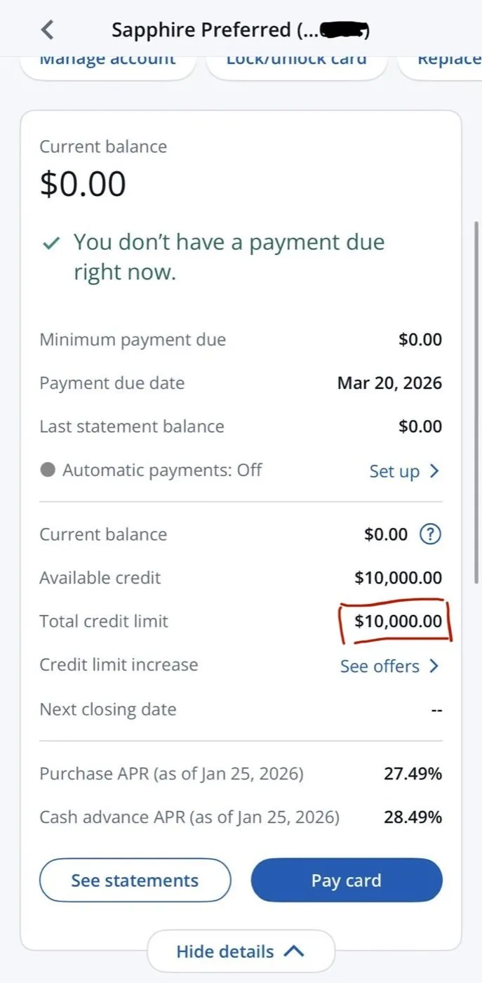 Chase Sapphire Preferred: $10,000