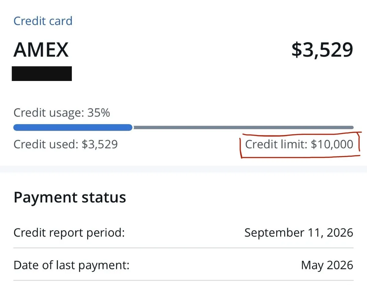 Amex: $10,000 limit, 35% used