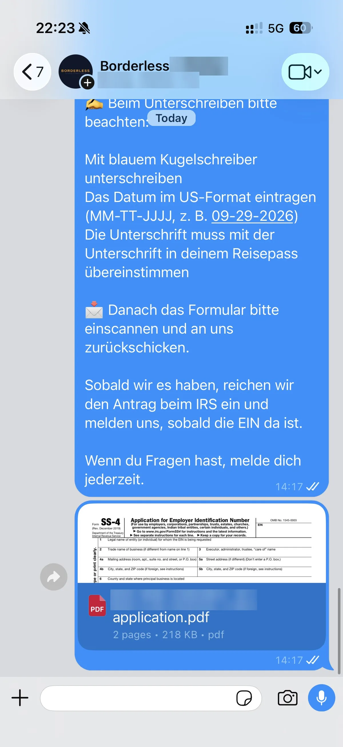 EIN application (SS-4) prepared and ready to sign