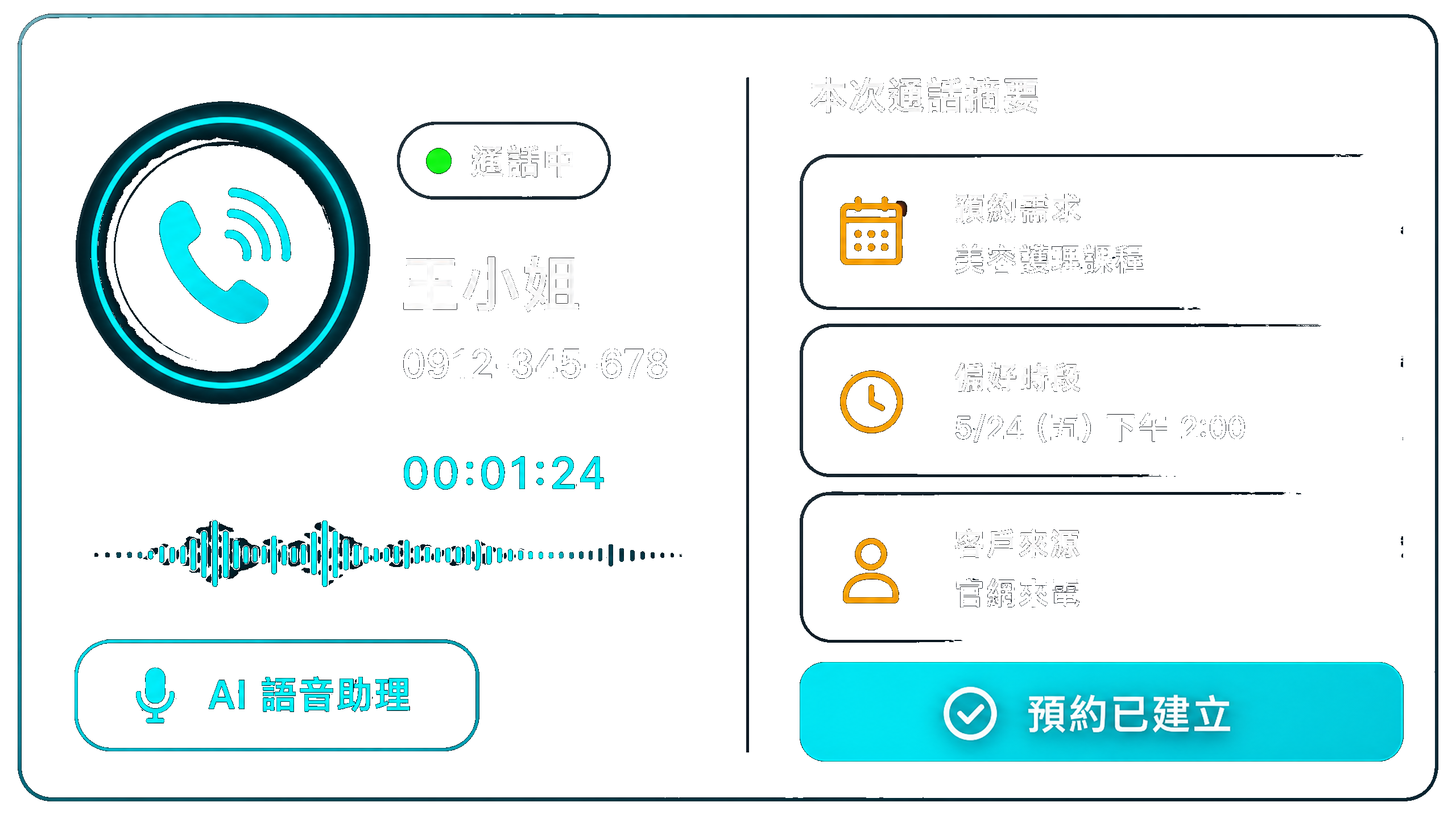 ZARC AI 語音客服通話及預約摘要介面