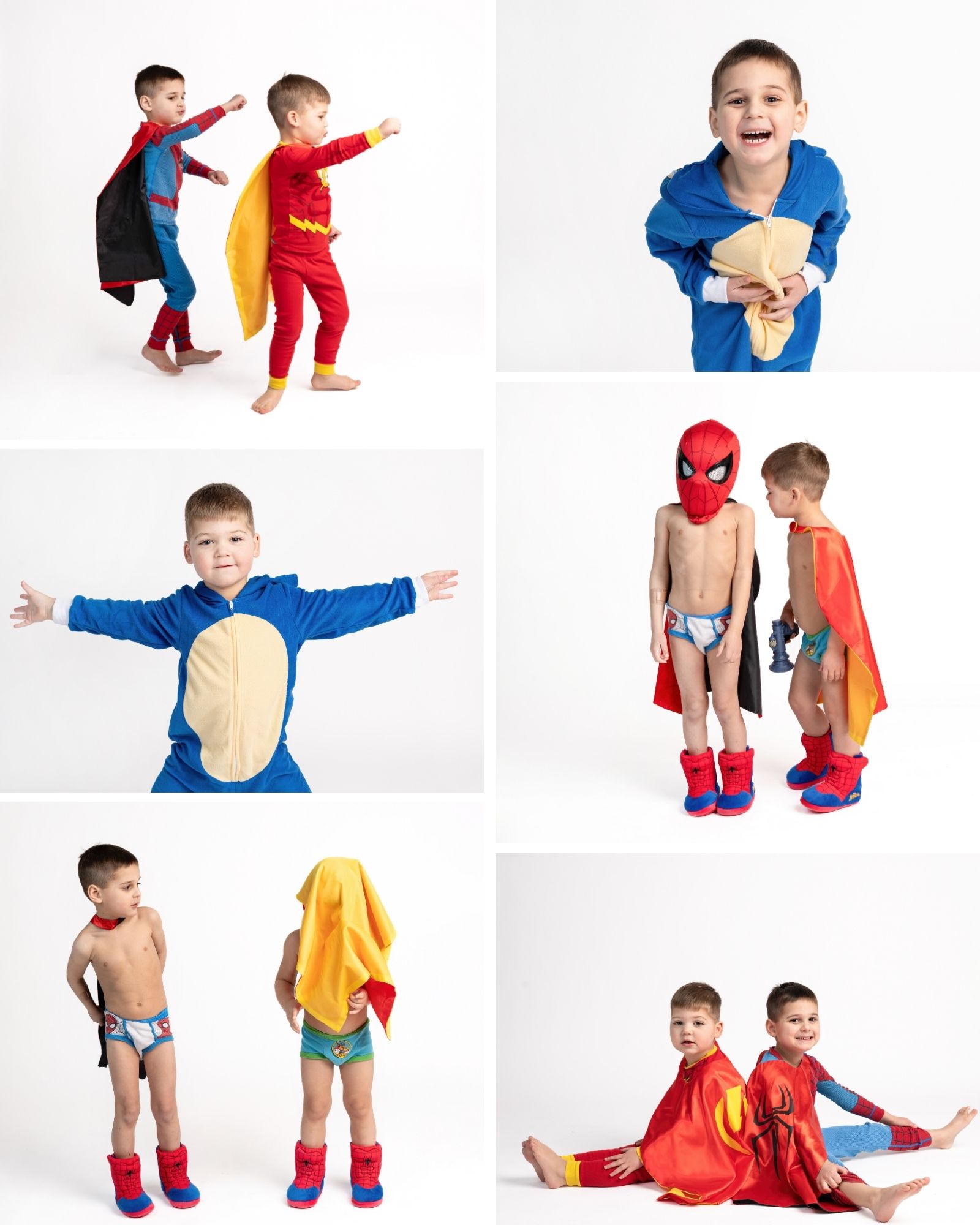 Boys laughing in superhero capes during authentic Chicago kids photography session