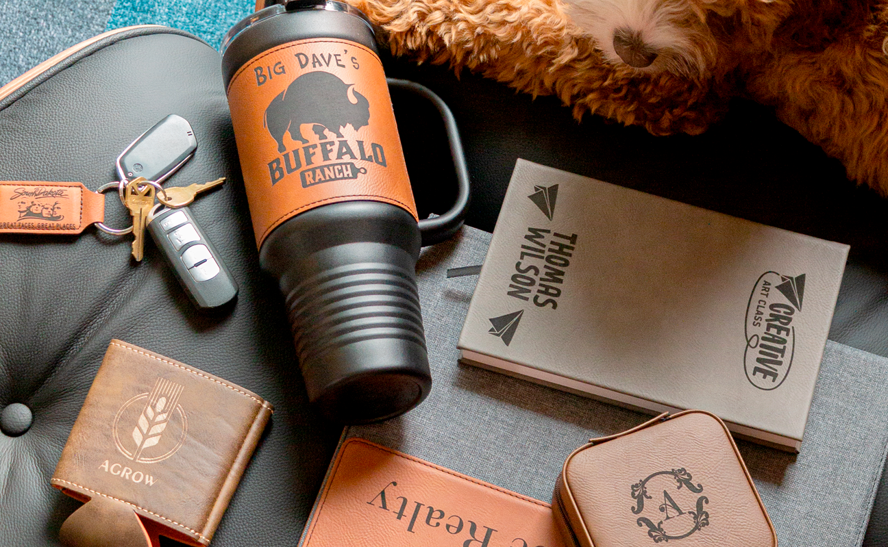 Custom laser engraved leatherette gifts and office accessories