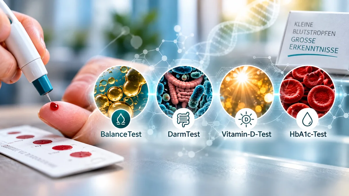 Blutstropfen und vier Trockenbluttests: BalanceTest, DarmTest, Vitamin-D-Test und HbA1c-Test