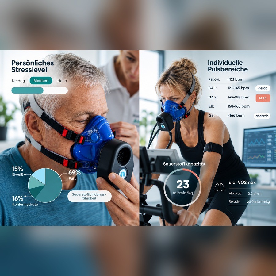 Spirometrie- und Spiroergometrie-Messung mit uVida-Diagnostikgerät: Ruhezustand, aktive Belastung, Pulsbereiche und VO2max
