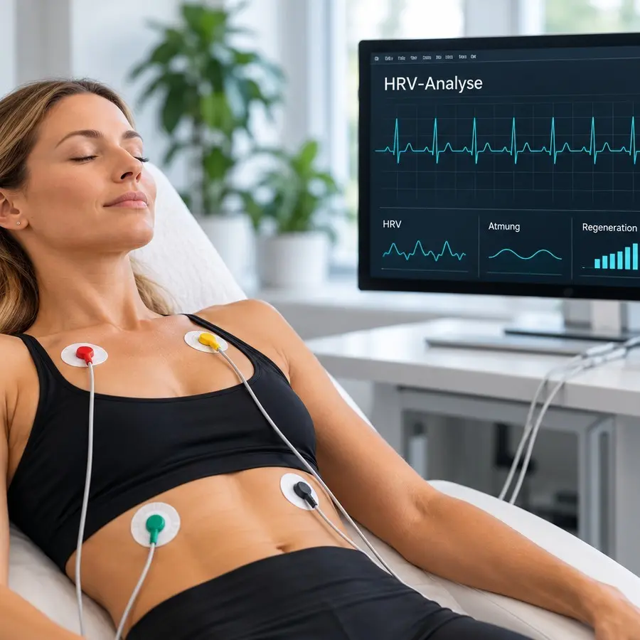 HRV-EKG-Messung: Elektroden korrekt auf der Haut, Monitor mit HRV-Analyse