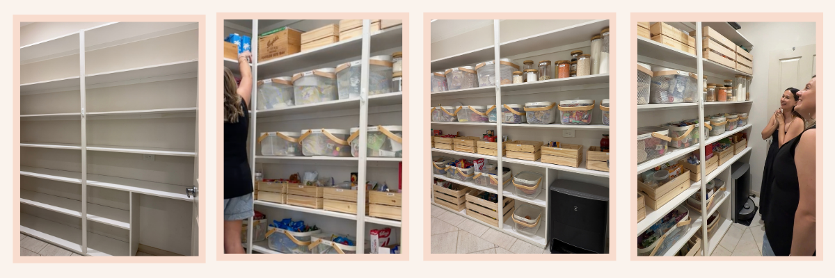 Before and after of an organised storage cupboard, filled with labelled neutral baskets on every shelf, styled for a family home.