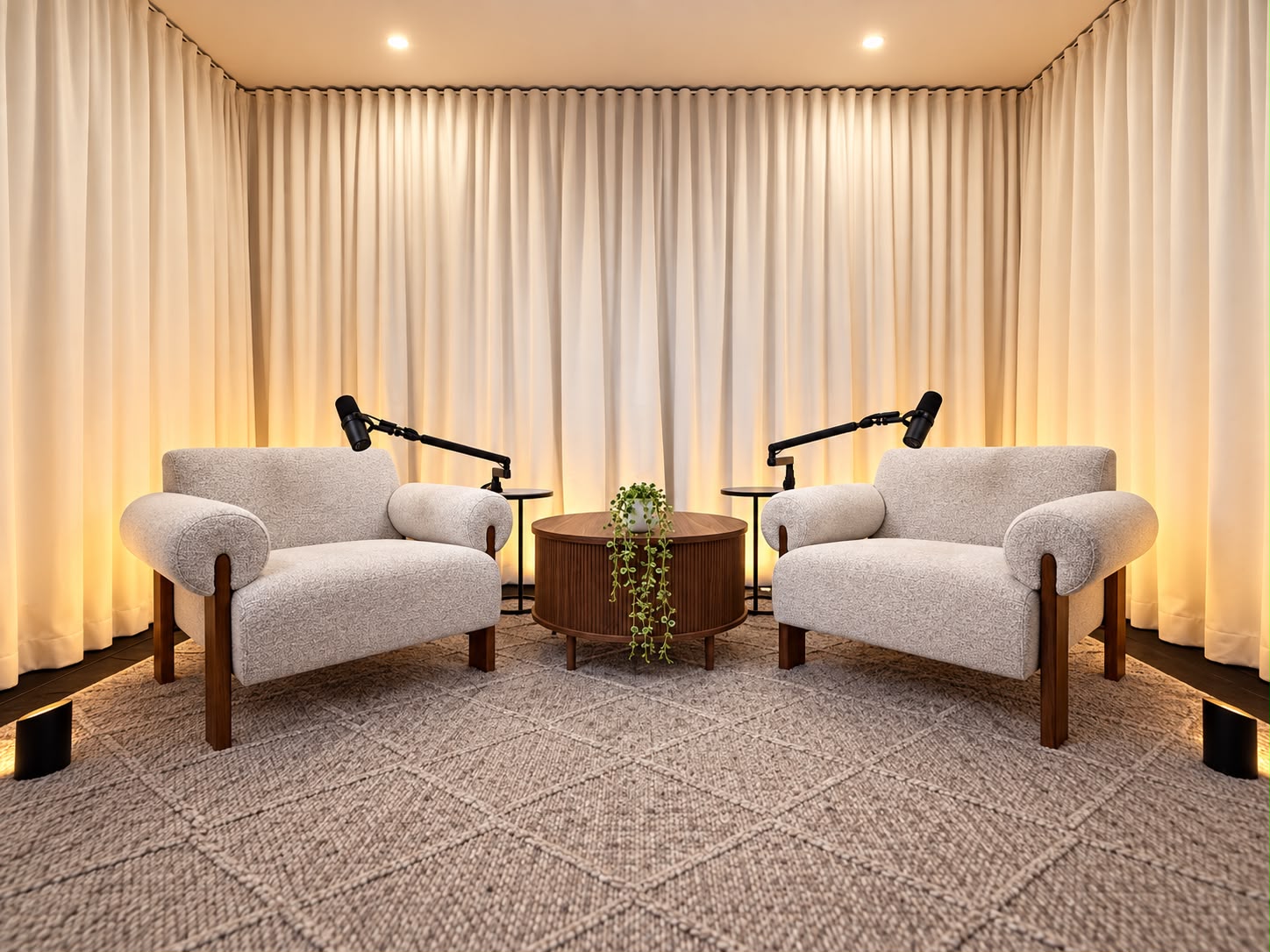 Two-person podcast recording set with armchairs and microphones