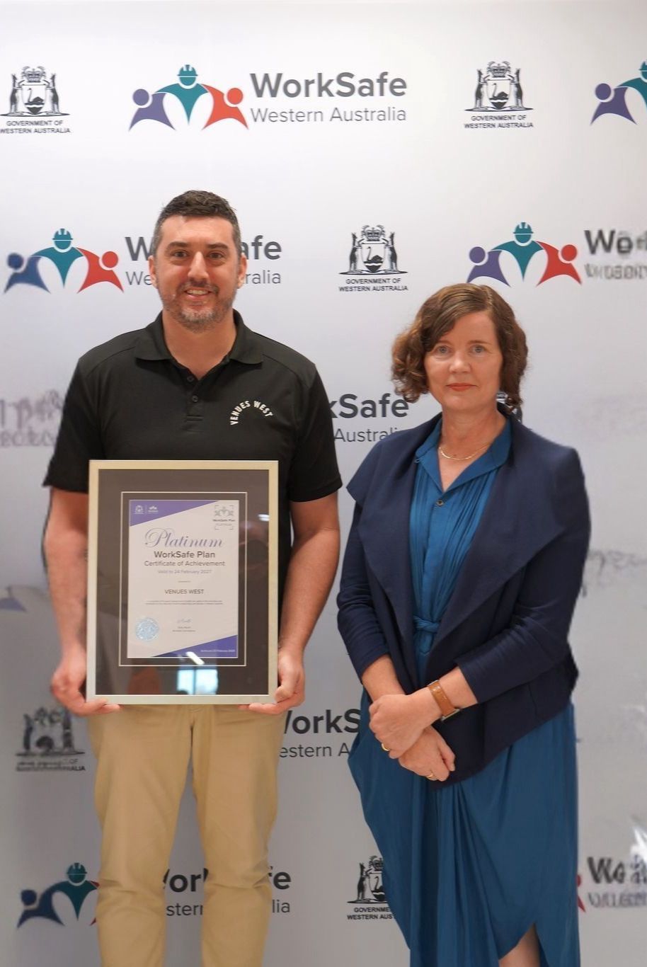 Anthony Karpanos receiving the WorkSafe WA Platinum Certificate of Achievement on behalf of VenuesWest