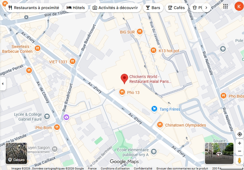 Carte Olympiades Paris 13 avec emplacement Chicken’s World restaurant halal proche Tolbiac et BNF