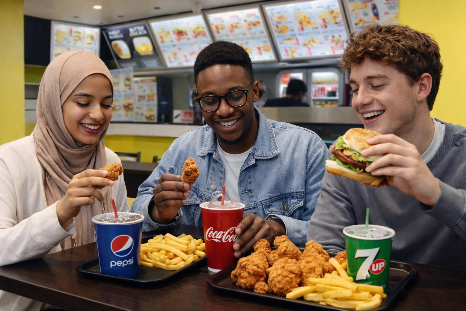 Des étudiants profitant d’un menu étudiant halal à Paris 13 chez Chicken’s World, avec burger, poulet frit croustillant et frites, idéal pour une pause rapide aux Olympiades, Tolbiac et BNF.