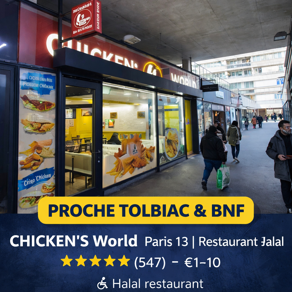 Menu étudiant pas cher à Paris 13 chez Chicken’s World avec burger halal, poulet frit croustillant, frites et boisson, idéal pour les étudiants, lycéens, familles et salariés près des Olympiades, Avenue d’Ivry.