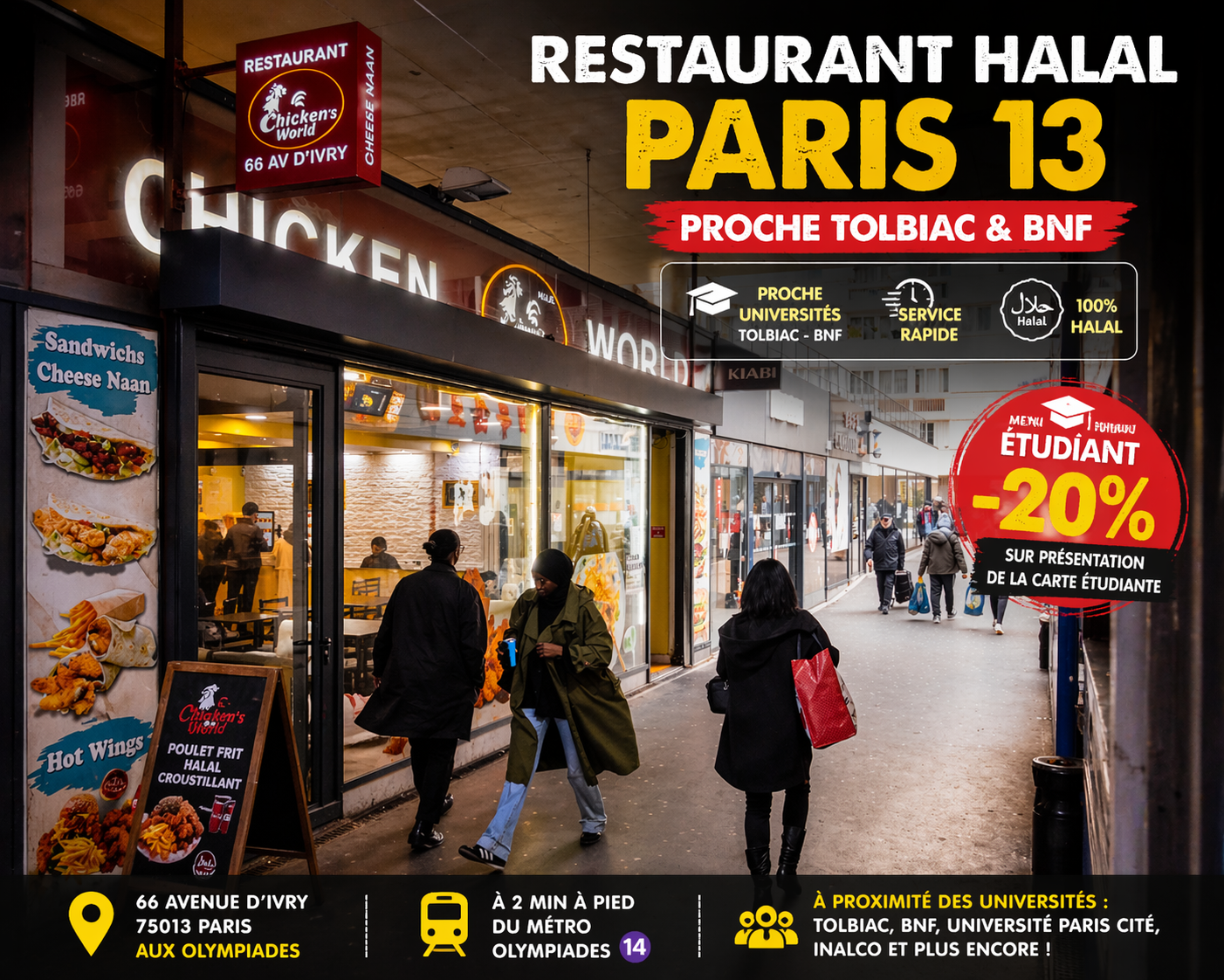 Restaurant halal Paris 13 aux Olympiades, proche Tolbiac et BNF, proposant menus étudiants pas chers, poulet frit croustillant et service rapide. Restaurant halal Paris 13 aux Olympiades, proche Tolbiac et BNF, proposant menus étudiants pas chers, poulet frit croustillant et service rapide.