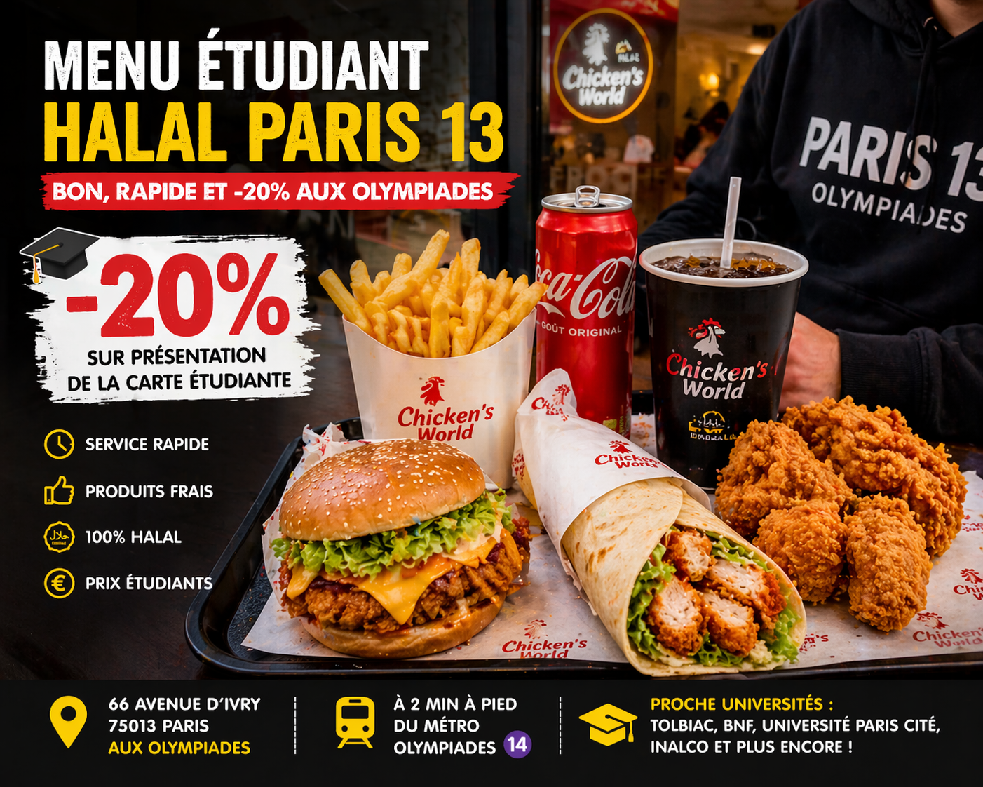 menu étudiant halal Paris 13 burger frites poulet frit Olympiades Tolbiac BNF menu étudiant halal Paris 13 burger frites poulet frit Olympiades Tolbiac BNF