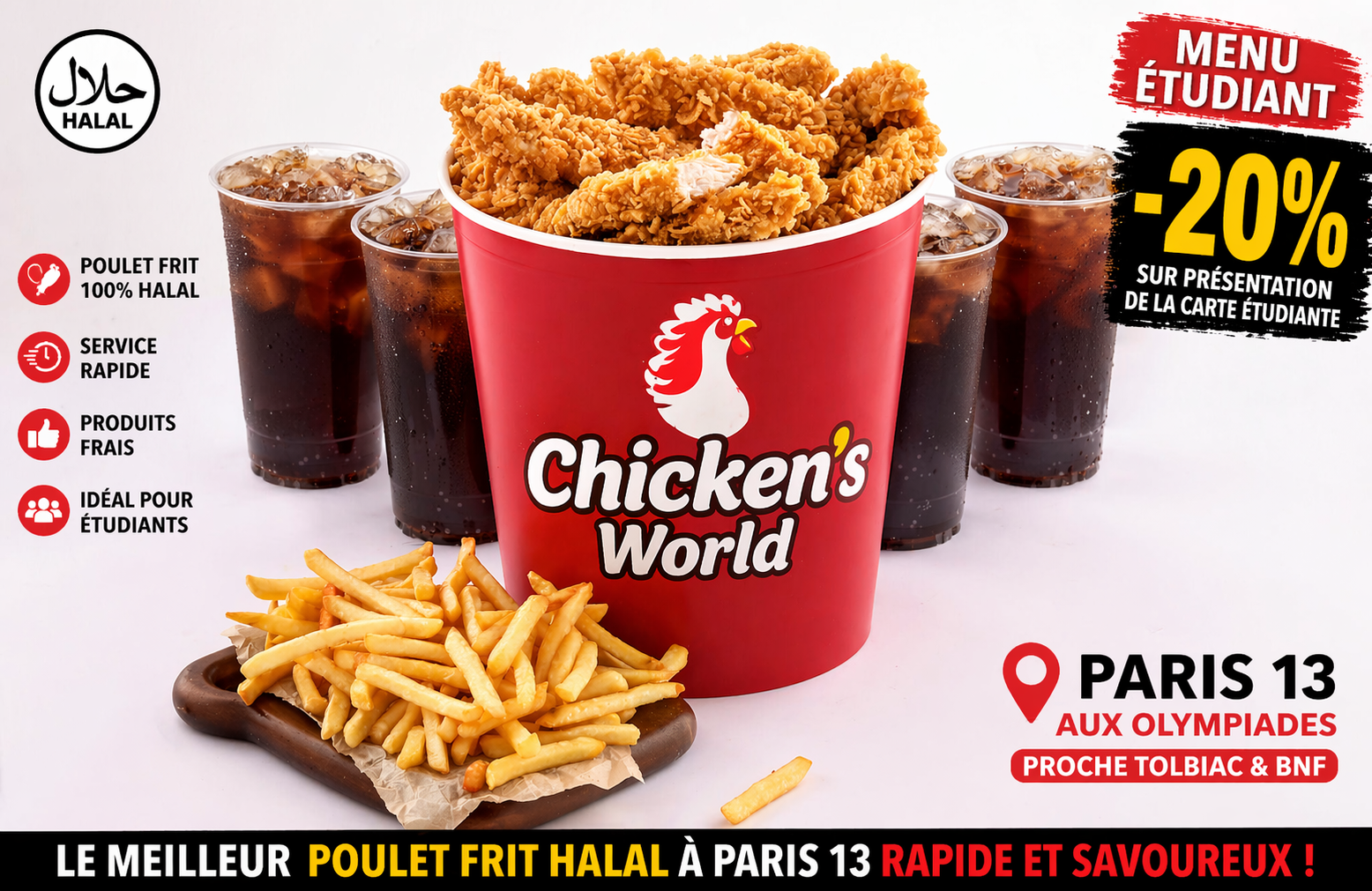 Poulet frit halal croustillant à Paris 13 aux Olympiades, idéal pour étudiants à la recherche d’un fast food rapide et savoureux. Poulet frit halal croustillant à Paris 13 aux Olympiades, idéal pour étudiants à la recherche d’un fast food rapide et savoureux.