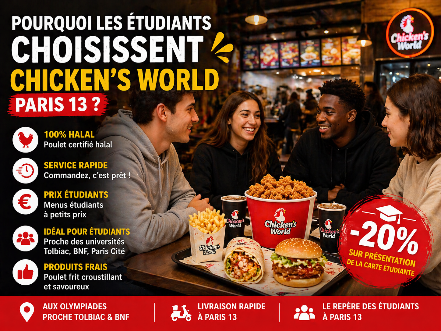 Pourquoi les étudiants choisissent Chicken’s World Paris 13 aux Olympiades, fast food halal proche Tolbiac et BNF. Pourquoi les étudiants choisissent Chicken’s World Paris 13 aux Olympiades, fast food halal proche Tolbiac et BNF.