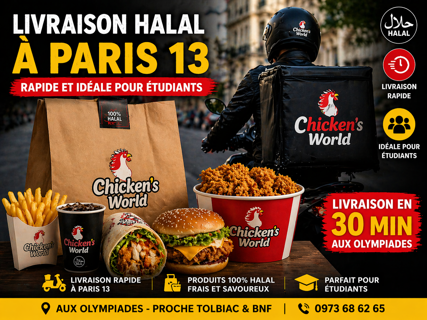Fast food halal en livraison à Paris 13, service rapide aux Olympiades pour étudiants Tolbiac et Université Paris Cité. Fast food halal en livraison à Paris 13, service rapide aux Olympiades pour étudiants Tolbiac et Université Paris Cité.