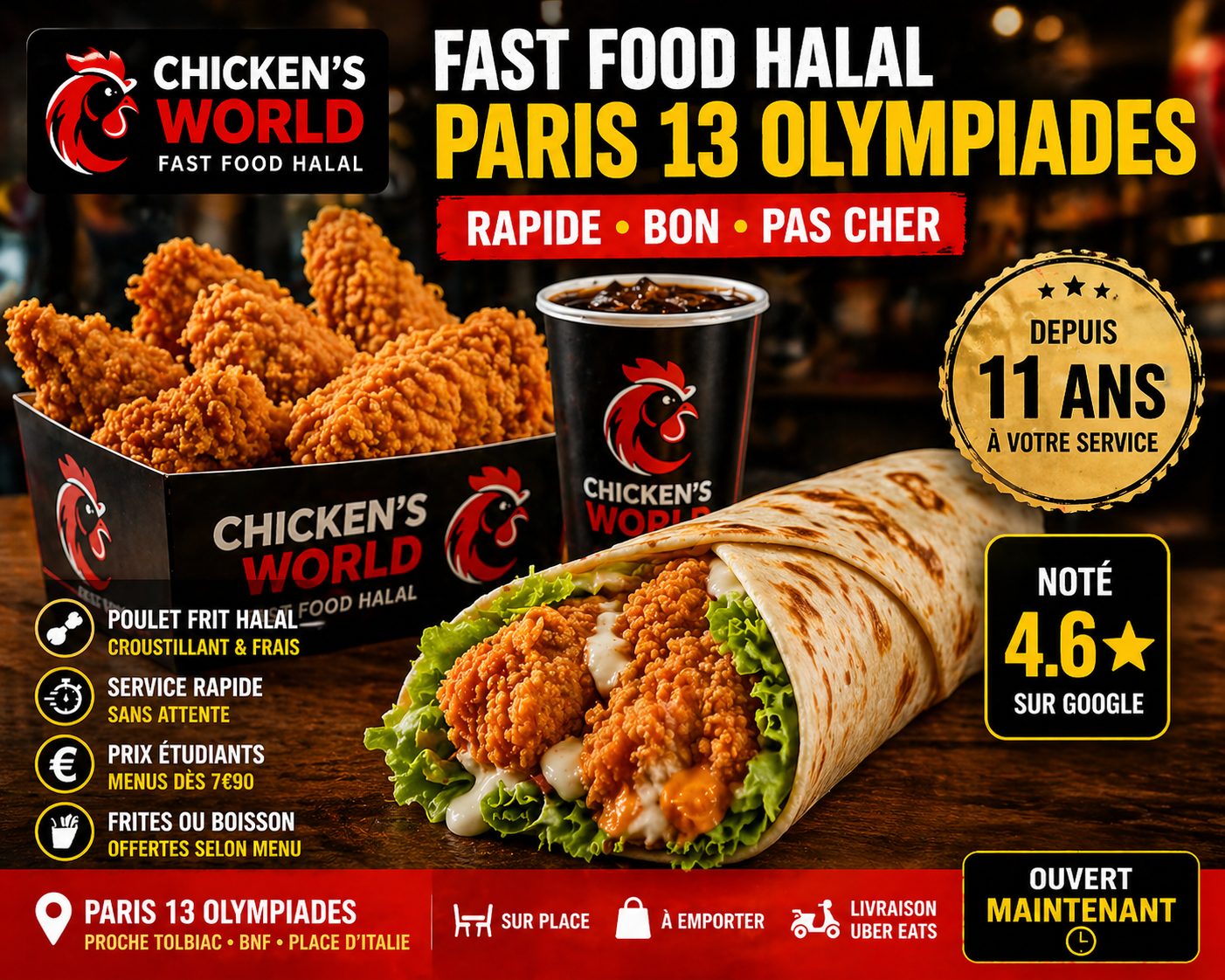 Fast food halal Paris 13 Olympiades – poulet frit & wrap pas cher ouvert maintenant