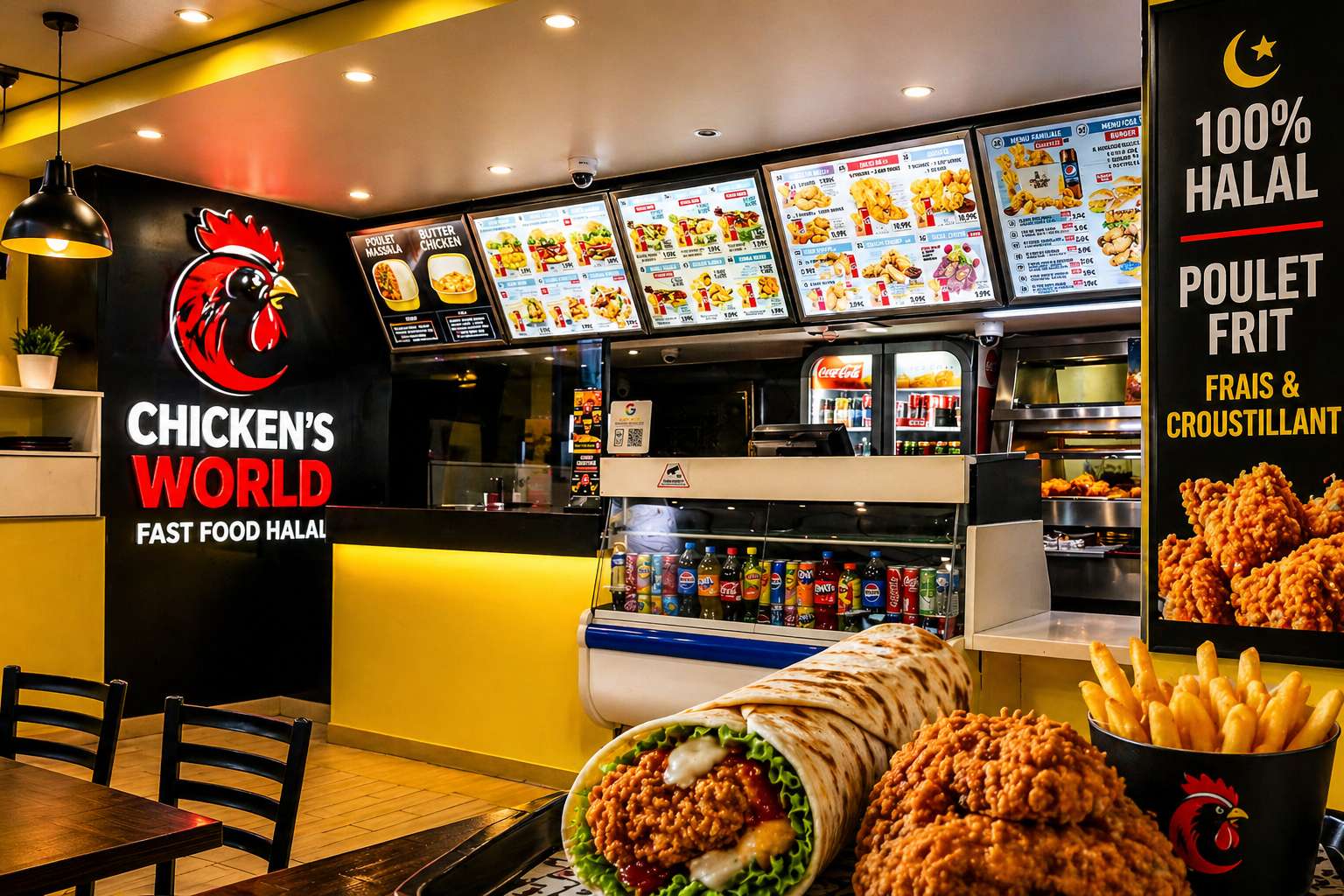 Déjeuner gourmand halal à Paris 13 avec burger croustillant, wraps, frites et poulet frit