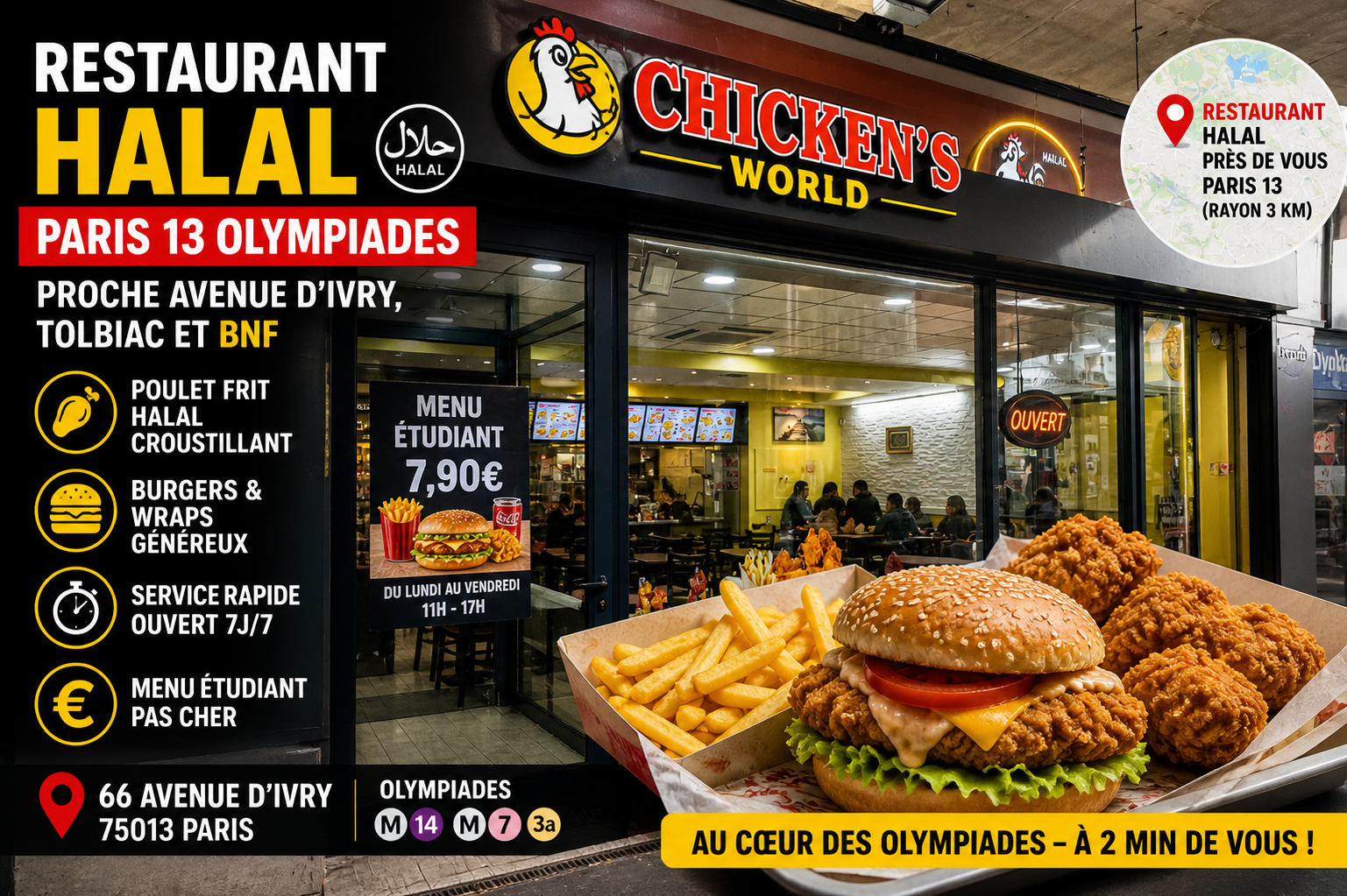 fast food halal Paris 13 poulet frit croustillant Olympiades Avenue d’Ivry Tolbiac