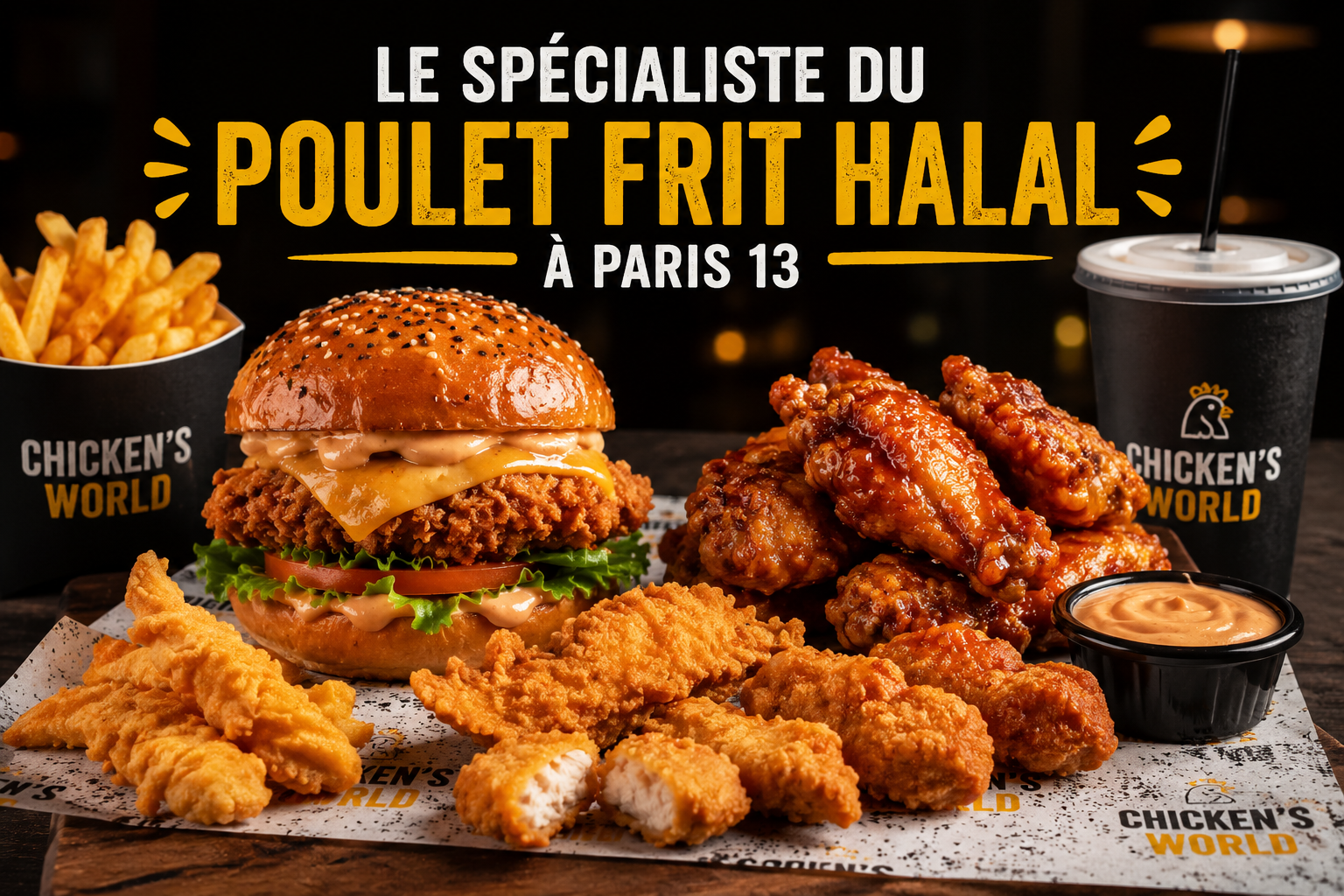 Burger halal croustillant et poulet frit halal chez Chicken’s World aux Olympiades à Paris 13 – wings, tenders, nuggets et burger halal préparés maison dans un fast food halal ouvert maintenant près de Tolbiac et Avenue d’Ivry. Burger halal croustillant et poulet frit halal chez Chicken’s World aux Olympiades à Paris 13 – wings, tenders, nuggets et burger halal préparés maison dans un fast food halal ouvert maintenant près de Tolbiac et Avenue d’Ivry.