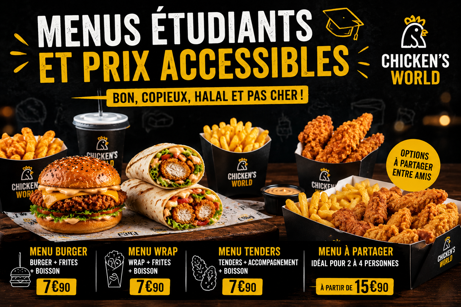 Menus étudiants halal pas chers chez Chicken’s World aux Olympiades à Paris 13 avec burger, wrap, tenders, frites et boisson – fast food halal étudiant proche Tolbiac, Avenue d’Ivry et Bibliothèque François-Mitterrand. Menus étudiants halal pas chers chez Chicken’s World aux Olympiades à Paris 13 avec burger, wrap, tenders, frites et boisson – fast food halal étudiant proche Tolbiac, Avenue d’Ivry et Bibliothèque François-Mitterrand.