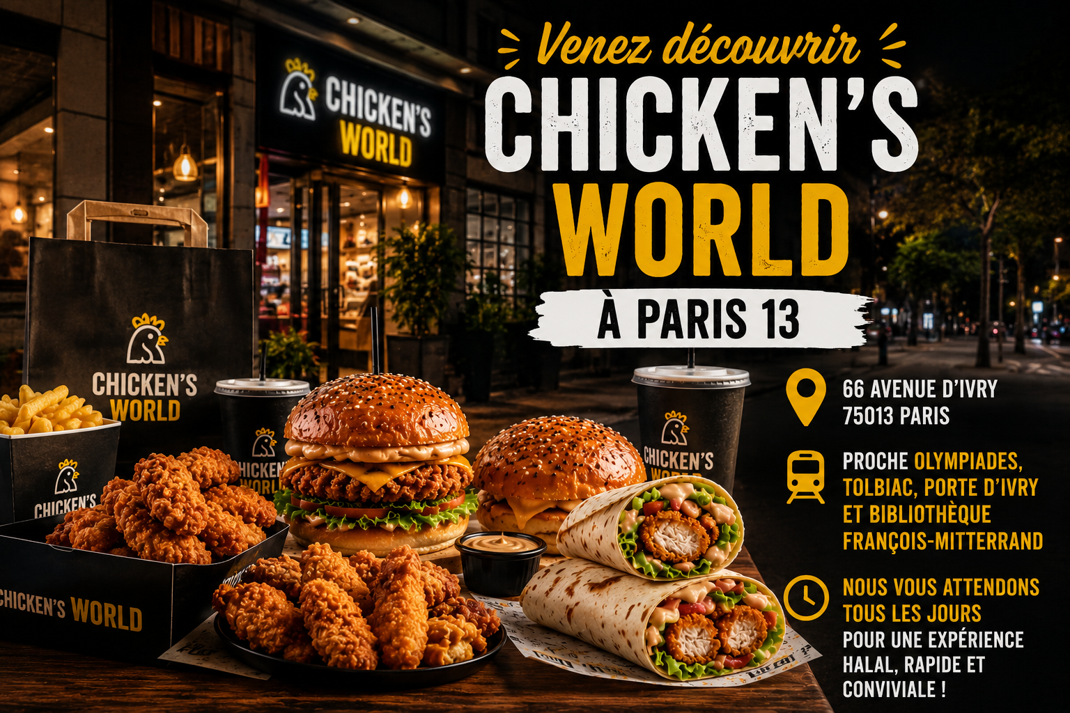 Burger halal, wrap et poulet frit croustillant chez Chicken’s World au 66 Avenue d’Ivry à Paris 13 – fast food halal proche Olympiades, Tolbiac, Porte d’Ivry et Bibliothèque François-Mitterrand, ouvert tous les jours pour burgers halal, wings, tenders et menus étudiants pas chers. Burger halal, wrap et poulet frit croustillant chez Chicken’s World au 66 Avenue d’Ivry à Paris 13 – fast food halal proche Olympiades, Tolbiac, Porte d’Ivry et Bibliothèque François-Mitterrand, ouvert tous les jours pour burgers halal, wings, tenders et menus étudiants pas chers.