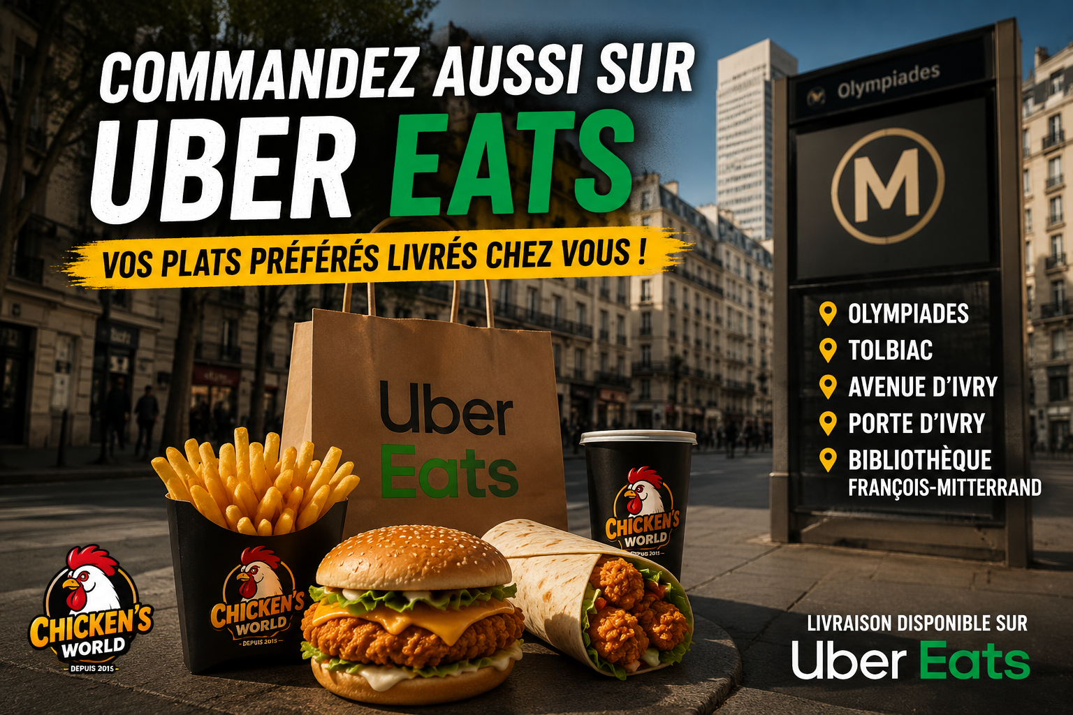 Livraison Uber Eats Chicken’s World à Paris 13 – burger halal, poulet frit croustillant, wrap, frites et menus halal livrés près des Olympiades, Tolbiac, Avenue d’Ivry, Porte d’Ivry et Bibliothèque François-Mitterrand. Livraison Uber Eats Chicken’s World à Paris 13 – burger halal, poulet frit croustillant, wrap, frites et menus halal livrés près des Olympiades, Tolbiac, Avenue d’Ivry, Porte d’Ivry et Bibliothèque François-Mitterrand.