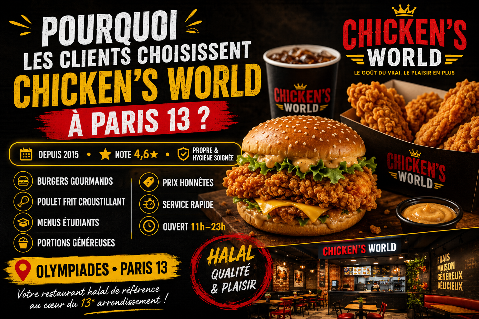 Pourquoi les clients choisissent Chicken’s World à Paris 13 – burger halal gourmand, poulet frit croustillant, menus étudiants, restaurant propre, note 4,6, service rapide et ouvert aux Olympiades. Pourquoi les clients choisissent Chicken’s World à Paris 13 – burger halal gourmand, poulet frit croustillant, menus étudiants, restaurant propre, note 4,6, service rapide et ouvert aux Olympiades.