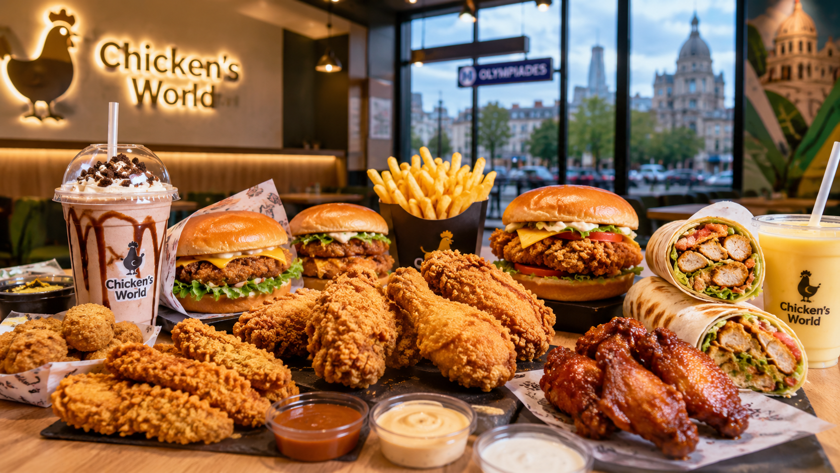 Photo d’un fast-food halal à Paris 13 avec burgers halal, poulet frit croustillant, wings, tenders, wraps, frites, milkshake et lassi chez Chicken’s World, sur la dalle des Olympiades Avenue d’Ivry.