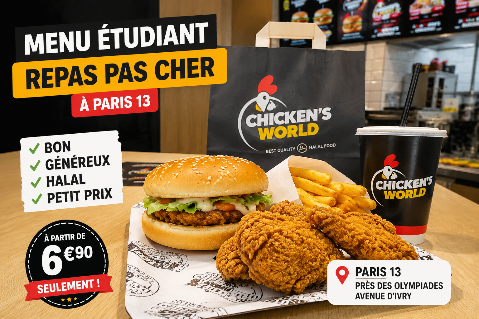 Menu étudiant pas cher à Paris 13 chez Chicken’s World avec burger halal, poulet frit croustillant, frites et boisson, idéal pour les étudiants, lycéens, familles et salariés près des Olympiades, Avenue d’Ivry.
