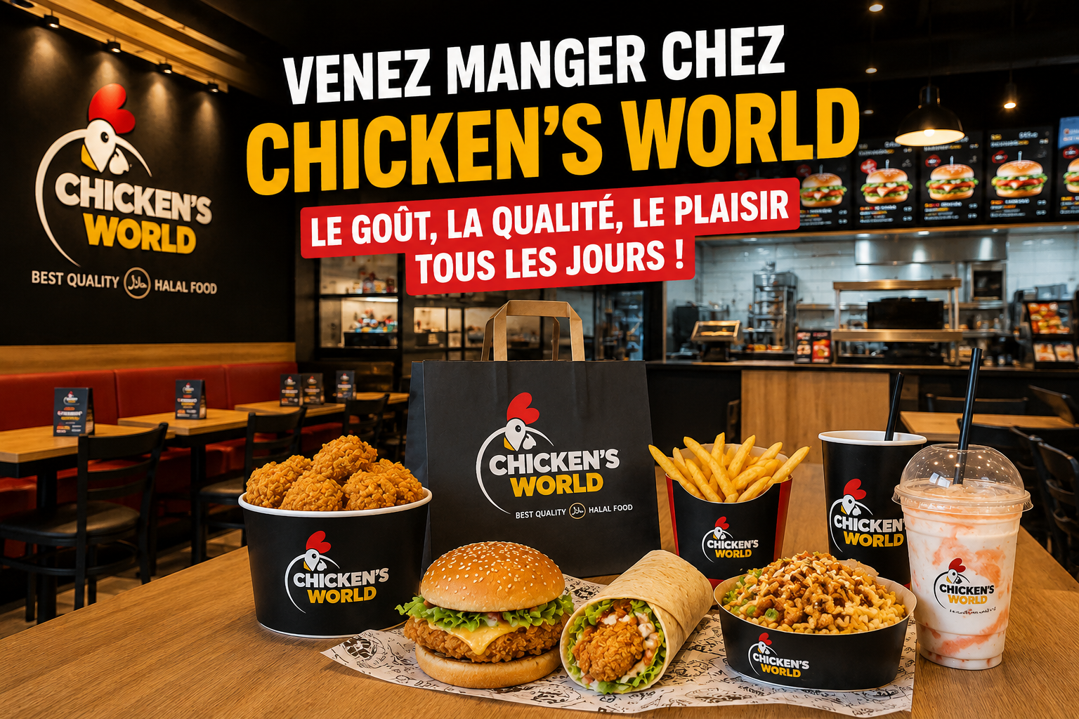 Chicken’s World Paris 13, fast-food halal Avenue d’Ivry près des Olympiades, avec burgers, poulet frit, wraps, frites et milkshakes.