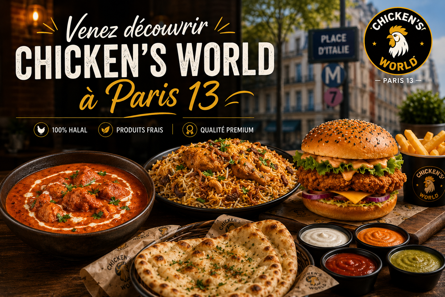 Restaurant halal Chicken’s World à Paris 13 avec butter chicken, biryani, naan et burger au poulet croustillant.