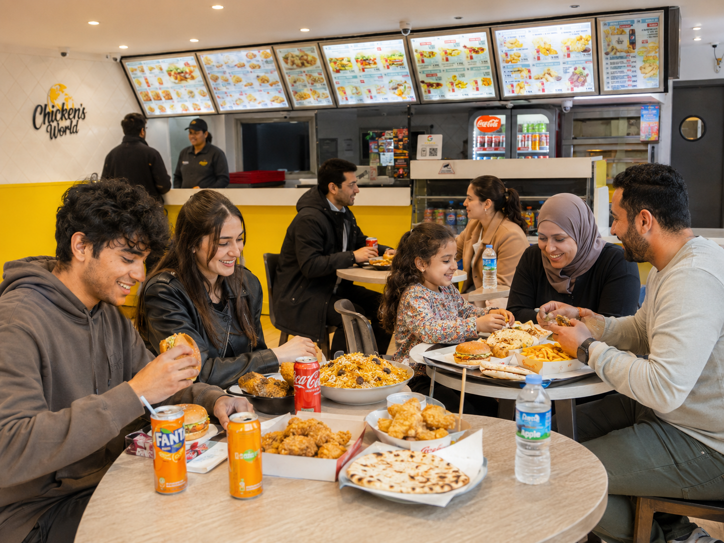 Clients étudiants, familles et salariés mangeant chez Chicken’s World Paris 13, restaurant halal convivial avec burgers, biryani, naan et poulet croustillant près d’Olympiades et Tolbiac.