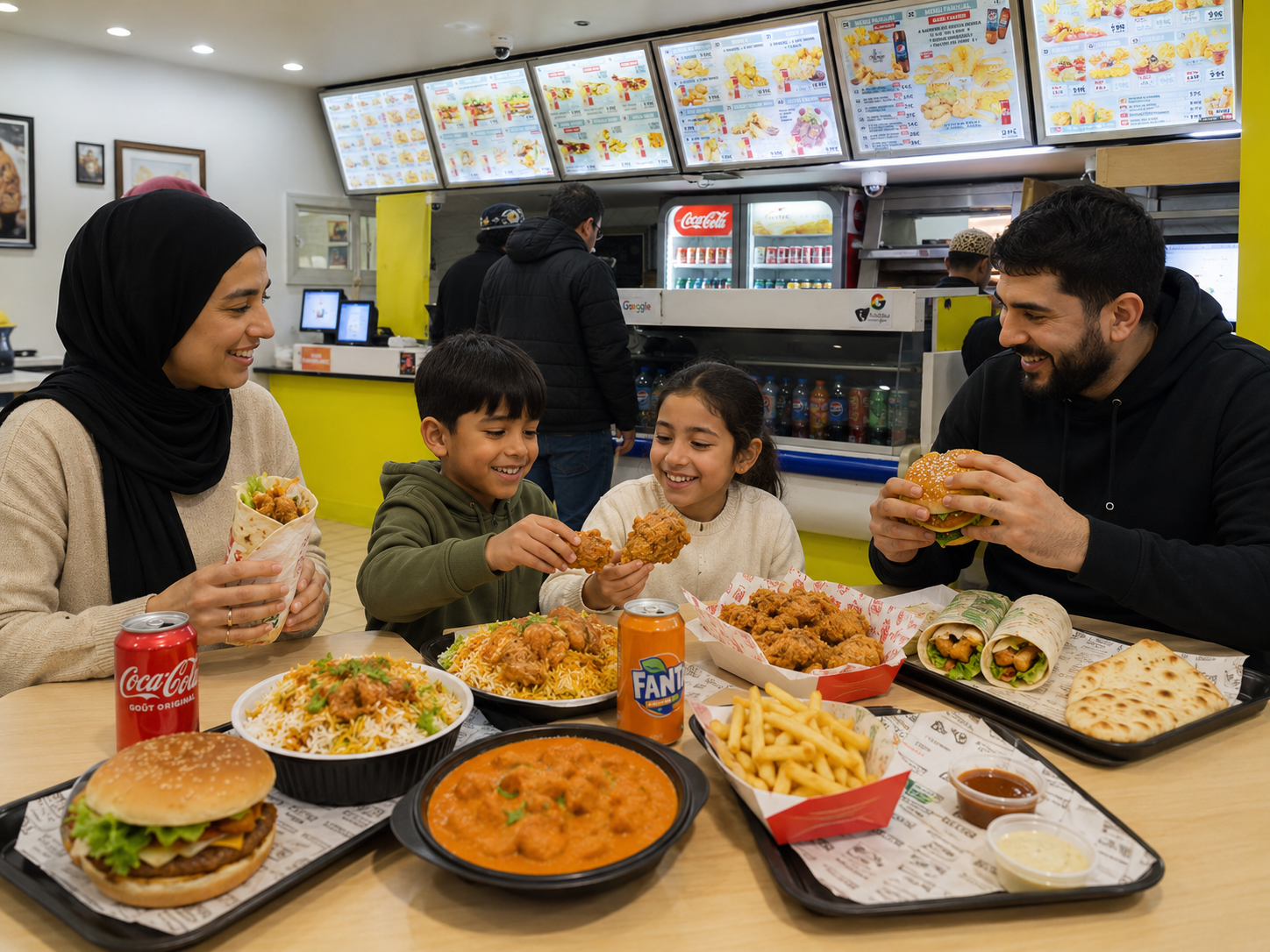Famille mangeant chez Chicken’s World Paris 13, restaurant halal pour tous les goûts avec biryani, butter chicken, burgers, wraps, naan, frites et poulet croustillant près d’Olympiades et Tolbiac.