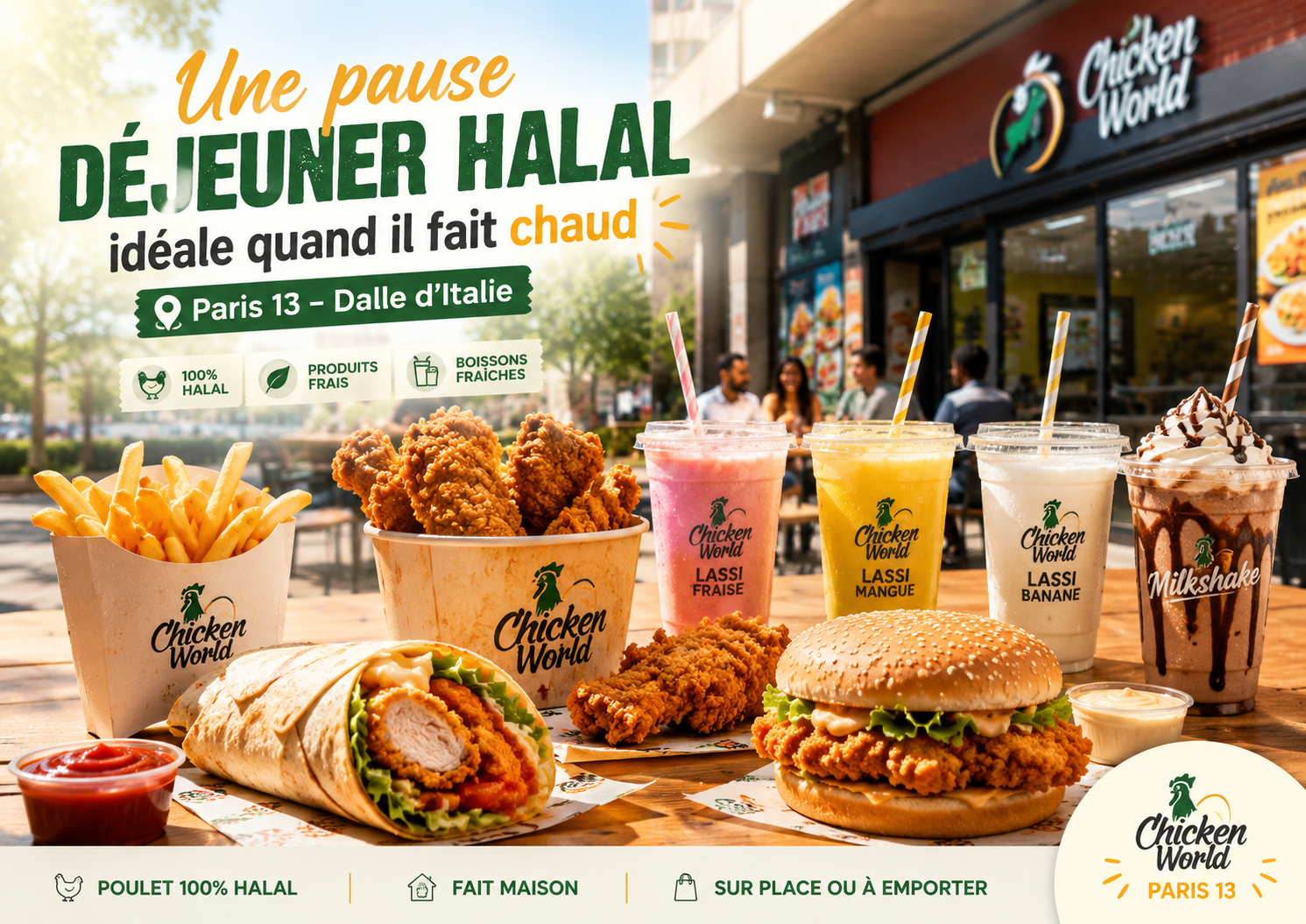 Pause déjeuner halal chez Chicken’s World Paris 13 avec poulet frit, burger, wrap, frites, lassi mangue, lassi fraise, lassi banane et milkshake, idéal quand il fait chaud près d’Olympiades, Tolbiac et Avenue d’Ivry.