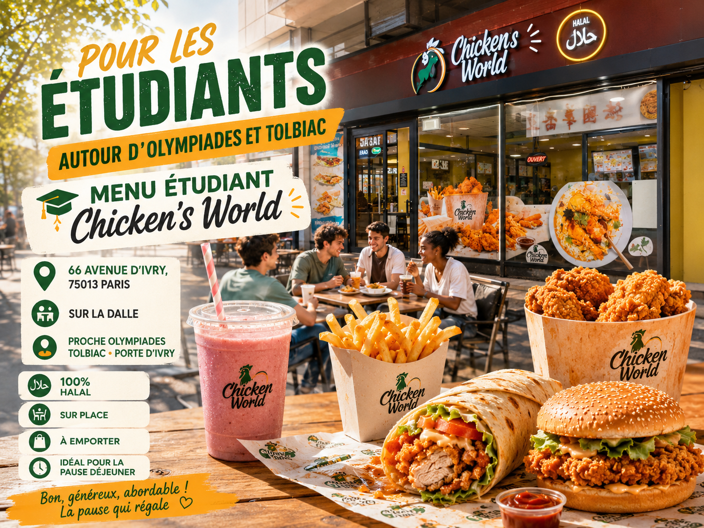 Menu étudiant halal chez Chicken’s World Paris 13, restaurant situé sur la dalle au 66 Avenue d’Ivry, proche Olympiades, Tolbiac et Porte d’Ivry, avec burger, wrap, poulet frit, frites et boisson fraîche pour une pause déjeuner étudiante.