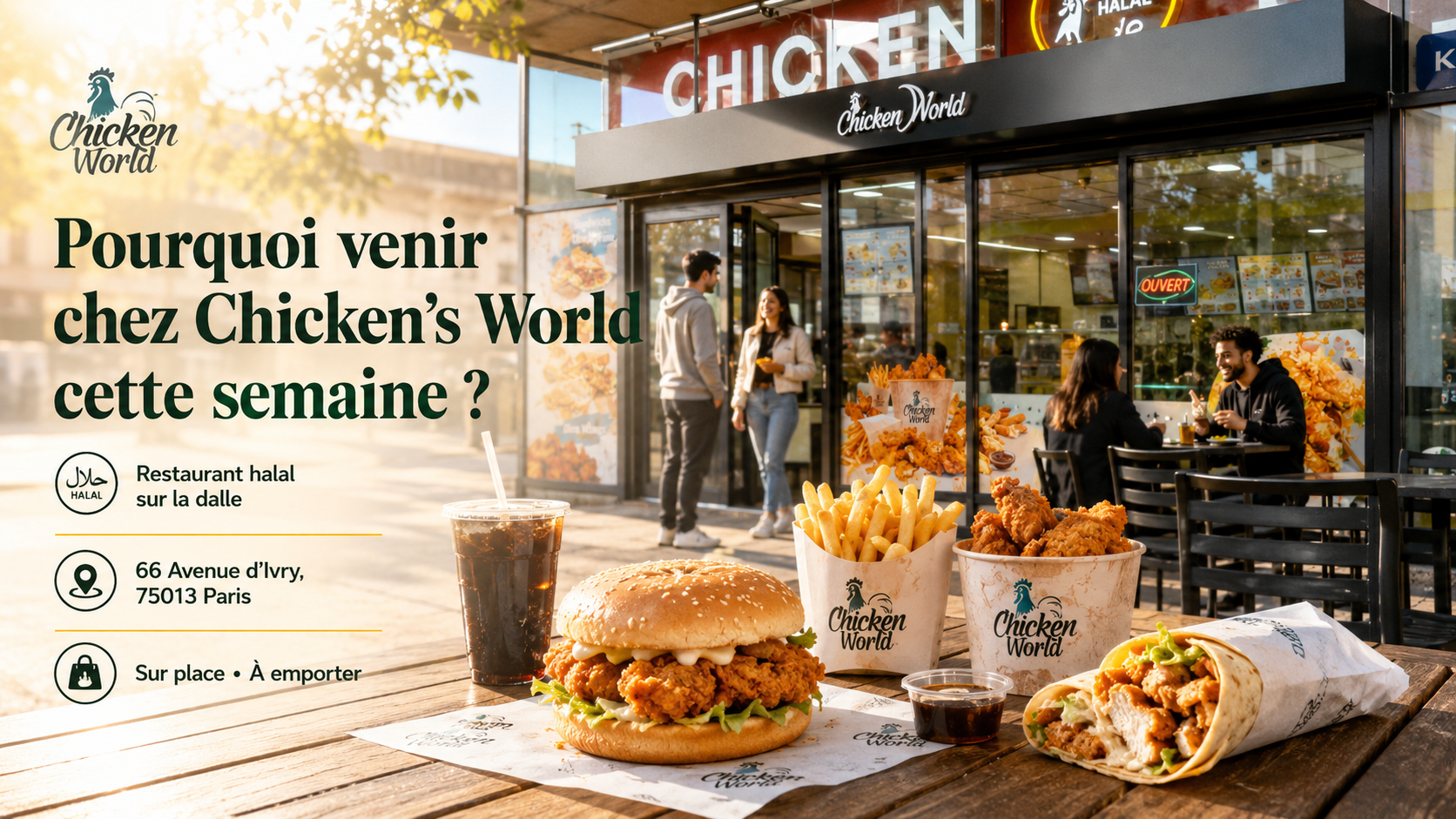 Restaurant halal Chicken’s World Paris 13 situé sur la dalle au 66 Avenue d’Ivry, proche Olympiades, Tolbiac et Porte d’Ivry, avec burger halal, wrap, poulet frit, frites et boisson fraîche pour une pause gourmande cette semaine.